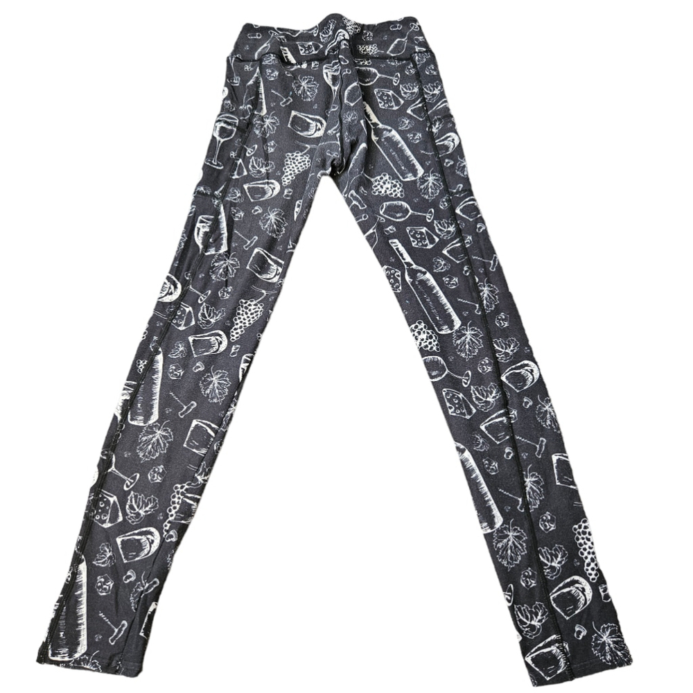 Barker Basic Leggings Wine Grapes Cheese Print OS Black White - Picture 2 of 8